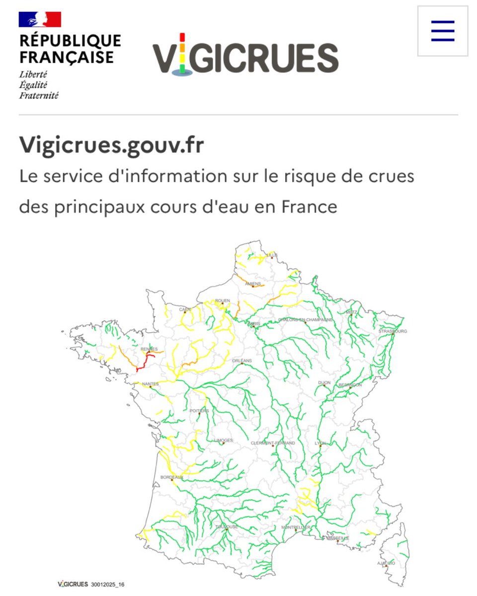 Le dispositif Vigicrues est un système de surveillance et d’alerte des crues des cours d’eau en France. Il vous permet d’être informé en temps réel des risques de crue dans votre région grâce à des bulletins d’alerte et des cartes interactives. 🌊 vigicrues.gouv.fr