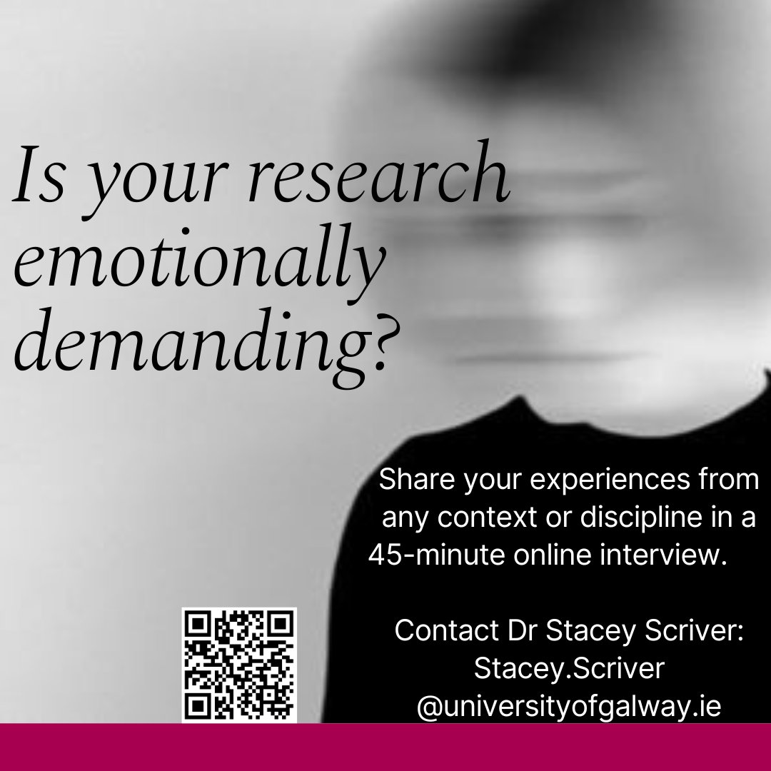 Centre for Global Women's Studies, UniofGalway (@cgwsuniofgalway) on Twitter photo Is your research emotionally demanding?
We invite you to share your experiences of conducting emotionally demanding research in any context or discipline in a 45-minute online interview. 🖥️
Contact Dr. Stacey Scriver 📩: Stacey.Scriver@universityofgalway.ie for further details. Is your research emotionally demanding?
We invite you to share your experiences of conducting emotionally demanding research in any context or discipline in a 45-minute online interview. 🖥️
Contact Dr. Stacey Scriver 📩: Stacey.Scriver@universityofgalway.ie for further details.