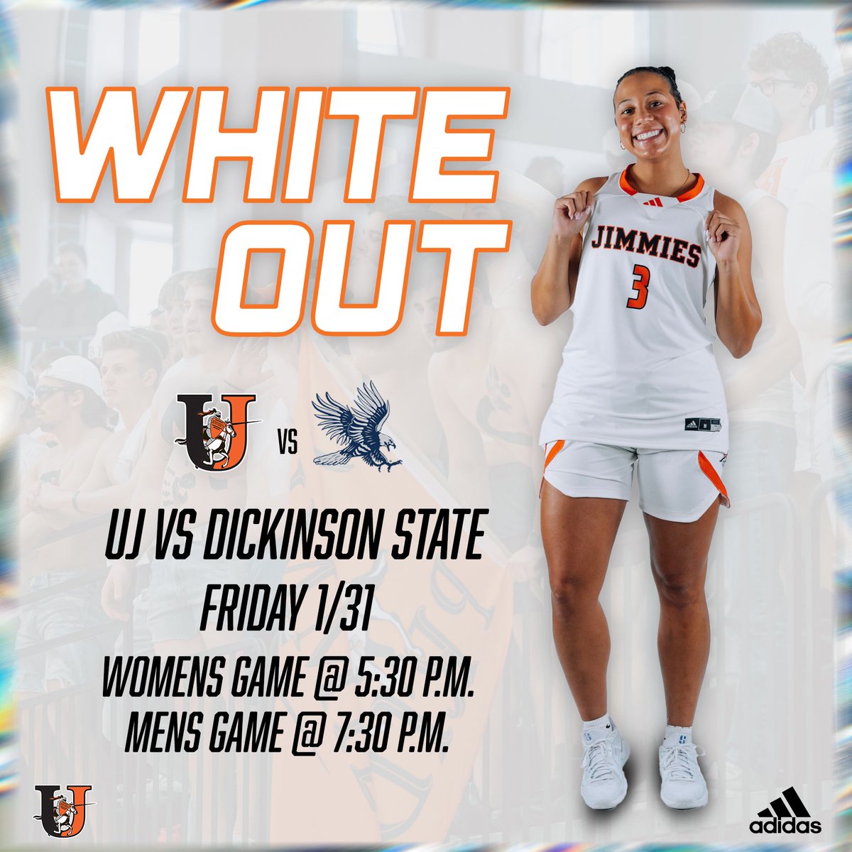 Jimmie fans‼️ It’s a WHITE OUT GAMEDAYYY🤩

🏀 vs. Dickinson State Blue Hawks
📍 Harold Newman Arena - Jamestown, ND
🕓 Tip-off @ 5:30 PM
📺m.youtube.com/watch?v=30Asiu…

#GoJimmies 🧡🤍