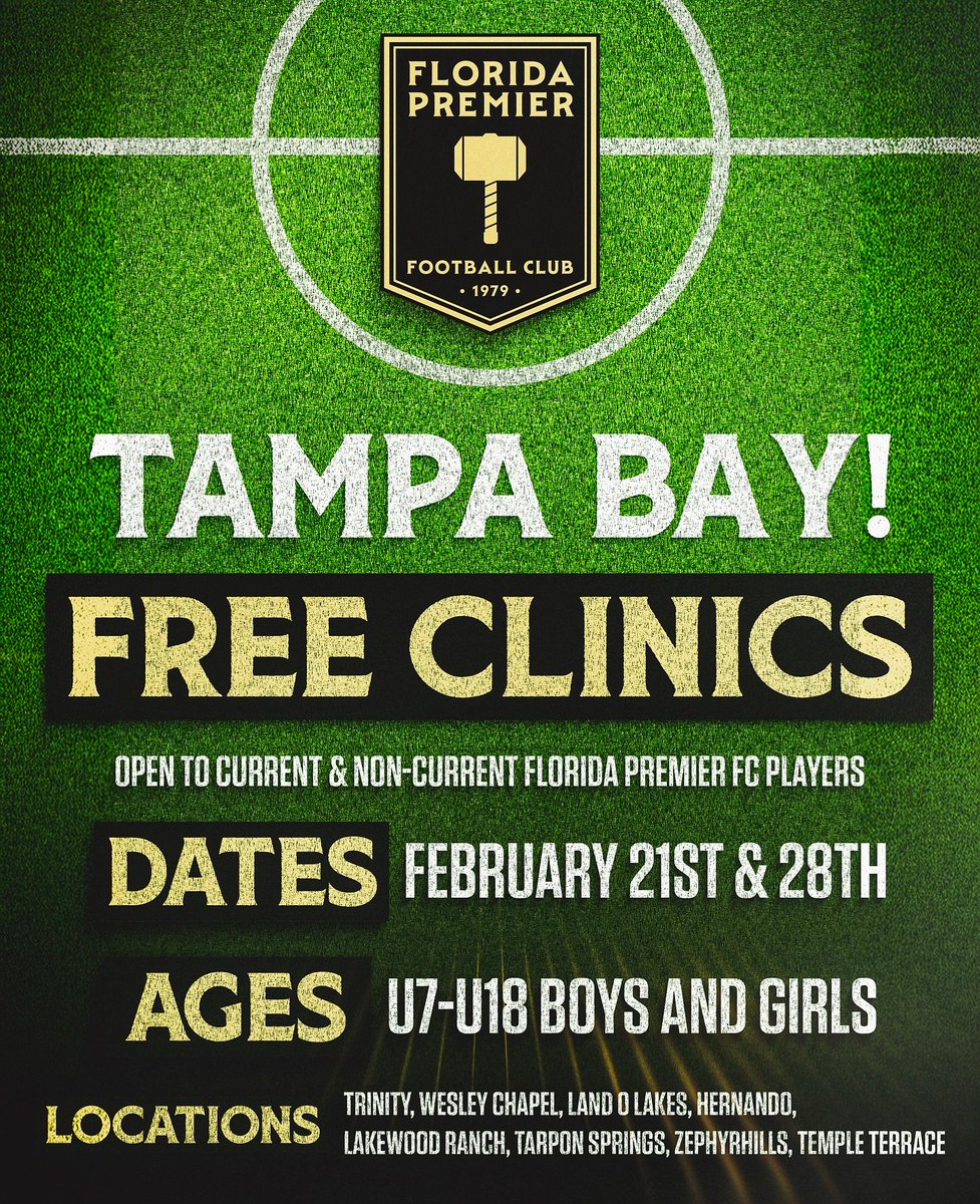 𝗧𝗮𝗺𝗽𝗮 𝗕𝗮𝘆 𝗙𝗿𝗲𝗲 𝗖𝗹𝗶𝗻𝗶𝗰𝘀: Florida Premier FC is hosting free community clinics around Tampa Bay! This is open to the public ages U7-U18 Boys &amp; Girls!
••
Register now: floridapremierfc.com/free-clinics