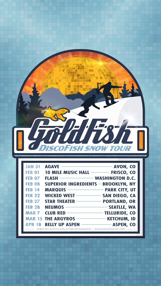 GoldFishLive's tweet image. Snow Tour kicks off TONIGHT!
See you soon Avon @agaveavon, tomorrow in Frisco, then Washington, New York and beyondddd