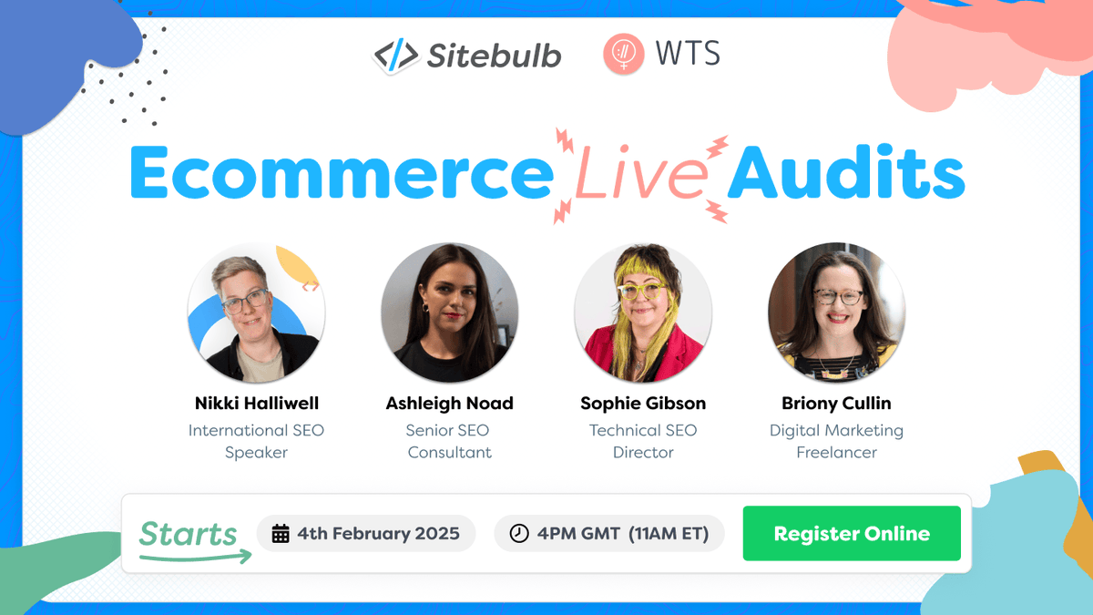 Sitebulb (@sitebulb) on Twitter photo Are you doing ecommerce SEO? Then this is for you. sitebulb.com/ecommerce-seo-… FREE & OPEN TO ALL.
Live audits with top SEOs from <a href="/techseowomen/">Women in Tech SEO</a>:
<a href="/NikkiRHalliwell/">Nikki Halliwell</a> <a href="/sophiegibson/">Sophie Gibson</a> <a href="/brionycullin/">Briony Cullin</a> & Ashleigh Noad from <a href="/Builtvisible/">Builtvisible</a> Are you doing ecommerce SEO? Then this is for you. sitebulb.com/ecommerce-seo-… FREE & OPEN TO ALL.
Live audits with top SEOs from <a href="/techseowomen/">Women in Tech SEO</a>:
<a href="/NikkiRHalliwell/">Nikki Halliwell</a> <a href="/sophiegibson/">Sophie Gibson</a> <a href="/brionycullin/">Briony Cullin</a> & Ashleigh Noad from <a href="/Builtvisible/">Builtvisible</a>