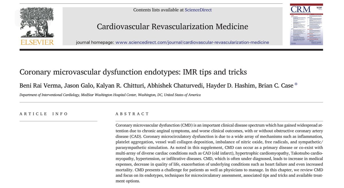 IAmDoctorAbhi's tweet image. In this special issue of the @CRMjournal - edited by @MortonKern - We take a deep dive into #CMD pathophysiology, endotypes, &amp;amp; tips for invasive #CMD assessment. 

Led by ⭐️@VermaBeniRai, @BCase07, &amp;amp; @HashimHayder.

@CRT_meeting @TCTMD @SCAI 

Link 🔗 - rb.gy/w1nqn7