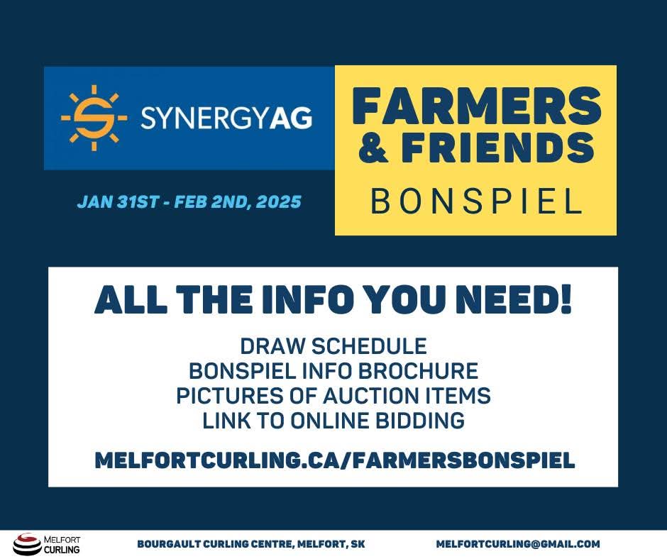 It's curling time!! 

Live auction kicks off at 7:30 PM and is open to the public

Saturday morning pancake breakfast 8 - 10 AM is open to the public 

NEW - Online auction bidding is now OPEN! 

To view teams, draw, auction items and bid on items, visit melfortcurling.ca/farmersbonspiel