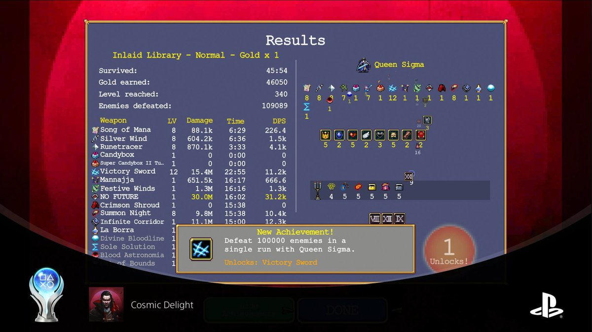 IBeTwitchen's tweet photo. Platinum #66: Vampire Survivors 🏆
I was aiming to get at least one completion per platform every month, but Sun Haven took so long I'm just scrapping by! I still need to go clean up all the update trophies, but at least I pulled off the platinum in time! 🥳 https://t.co/RJjJQ2w9Yz