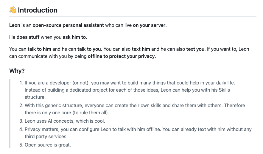Leon : un assistant personnel Open Source conçu pour être hébergé sur votre propre serveur.

👉 Le code : github.com/leon-ai/leon
👉  En savoir plus : getleon.ai