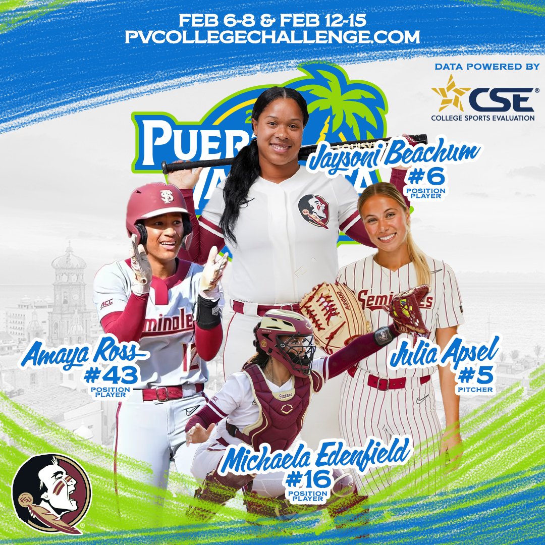 PV College Challenge (@pvcollegesb) on Twitter photo 🌴🥎 The Puerto Vallarta College Challenge is COMING UP SOON, and <a href="/FSU_Softball/">Florida State Softball 🥎</a> is bringing some talent to paradise!
✨ Players to Watch:
<a href="/BeachumJaysoni/">JAYSONI BEACHUM 2023</a> (#6 <a href="/CSEvalSoftball/">CSE Softball</a> Position Player Preseason Rank)
<a href="/mje_51/">Michaela Edenfield</a> (#16 CSE Position Player Preseason Rank)
<a href="/amayaross12/">Amaya Ross</a> (#43 CSE 🌴🥎 The Puerto Vallarta College Challenge is COMING UP SOON, and <a href="/FSU_Softball/">Florida State Softball 🥎</a> is bringing some talent to paradise!
✨ Players to Watch:
<a href="/BeachumJaysoni/">JAYSONI BEACHUM 2023</a> (#6 <a href="/CSEvalSoftball/">CSE Softball</a> Position Player Preseason Rank)
<a href="/mje_51/">Michaela Edenfield</a> (#16 CSE Position Player Preseason Rank)
<a href="/amayaross12/">Amaya Ross</a> (#43 CSE