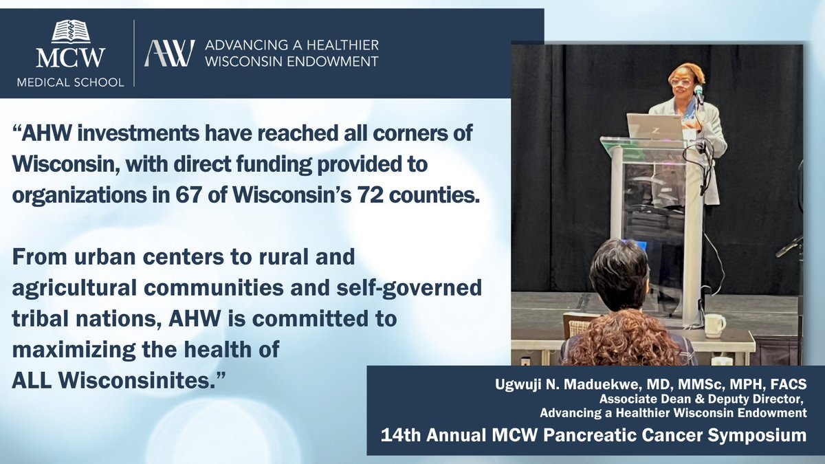 Advancing a Healthier Wisconsin Endowment (@ahwendowment) on Twitter photo This morning, AHW Deputy Director <a href="/umaduekwemd/">Ugwuji Maduekwe</a> spoke to attendees of the 14th Annual MCW Pancreatic Cancer Symposium, funded by AHW Learning Event Support 📖.
The annual event, hosted by <a href="/MCWPancProgram/">MCW LaBahn Pancreatic Cancer Program</a>, brings together #healthcare providers to learn about cutting-edge This morning, AHW Deputy Director <a href="/umaduekwemd/">Ugwuji Maduekwe</a> spoke to attendees of the 14th Annual MCW Pancreatic Cancer Symposium, funded by AHW Learning Event Support 📖.
The annual event, hosted by <a href="/MCWPancProgram/">MCW LaBahn Pancreatic Cancer Program</a>, brings together #healthcare providers to learn about cutting-edge