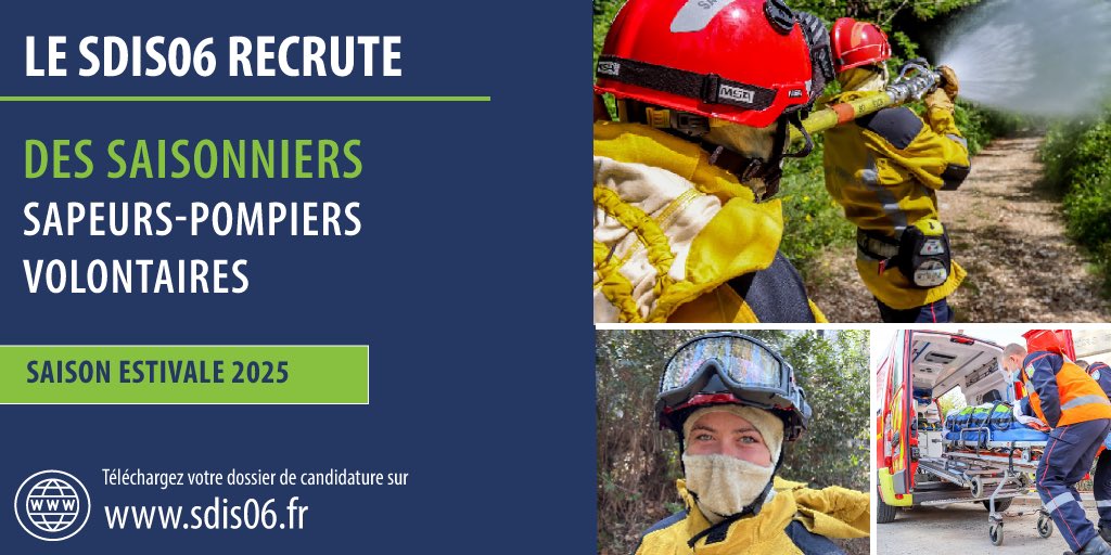 sdis_06's tweet photo. #recrutement 

Devenez sapeur-pompier volontaire saisonnier ! 🚒

Rejoignez-nous et engagez-vous au service des autres ! 💪👩‍🚒👨‍🚒

📩 Les candidatures sont ouvertes ! Retrouvez toutes les infos ici 👉https://t.co/TpowHhJfCG…
___
#Noussommespompiers #pompiers06
#Recrutement https://t.co/XGuDsHLPrB