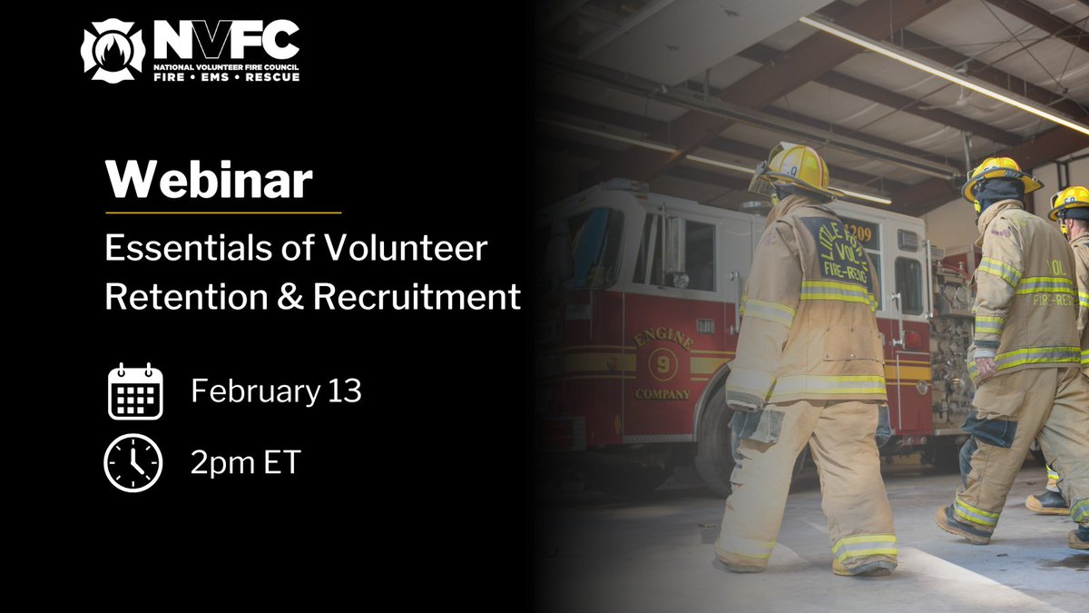 NVFC's tweet photo. 🚒 Struggling to recruit and retain volunteers? You're not alone.

Join us on February 13 at 2pm ET for the Essentials of Volunteer Retention &amp; Recruitment webinar with Tom Merrill. 

🔗 Register now: https://t.co/mHmo0ZZUYI https://t.co/yqPO6aVOHy