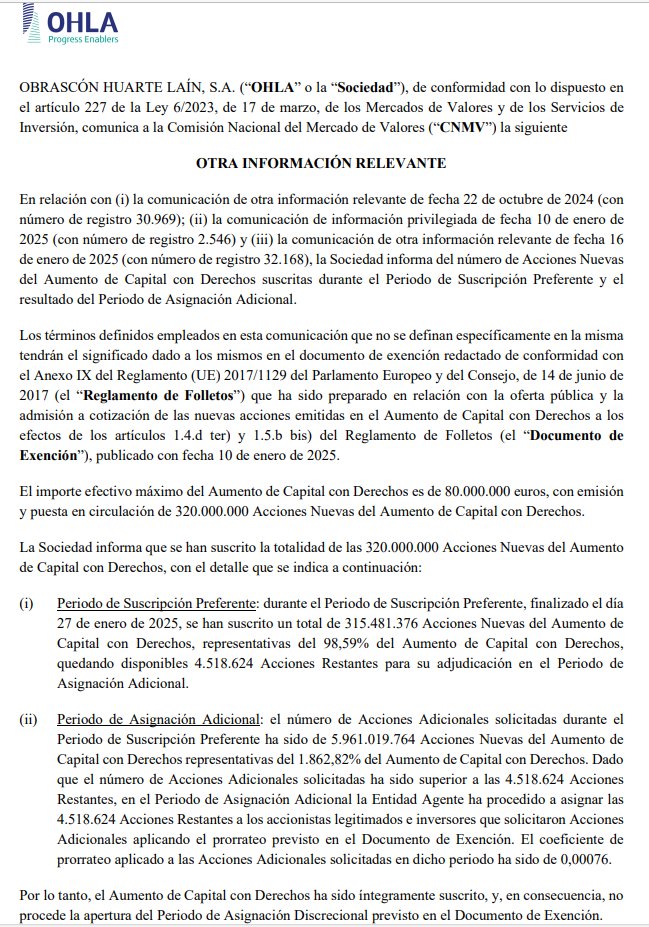 rober_chani's tweet photo. #OHLA 
La sociedad informa que se ha cubierto la ampliación de capital al 100% y que las nuevas acciones estarán en circulación el próximo 5 de Febrero. https://t.co/ruRMUS2QL9