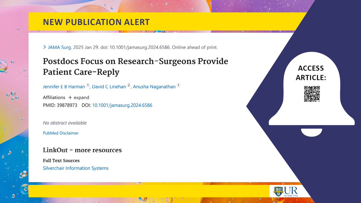 URMC Department of Surgery (@urochestersurg) on Twitter photo 🚨 New Pub:
Published in <a href="/JAMASurgery/">JAMA Surgery</a>, a Comment & Response article written by <a href="/HarmanPhD/">Jennifer EB Harman, PhD CRA</a>, David Linehan, MD and <a href="/anaganat1/">Anusha Naganathan</a>!
"Postdocs Focus on Research-Surgeons Provide Patient Care-Reply"
More info: bit.ly/40wtrhi
<a href="/URMCSurgery/">URMC Surgery Residents</a> <a href="/URochester_SMD/">URochester SMD</a> <a href="/UR_Med/">UR Medicine</a> 🚨 New Pub:
Published in <a href="/JAMASurgery/">JAMA Surgery</a>, a Comment & Response article written by <a href="/HarmanPhD/">Jennifer EB Harman, PhD CRA</a>, David Linehan, MD and <a href="/anaganat1/">Anusha Naganathan</a>!
"Postdocs Focus on Research-Surgeons Provide Patient Care-Reply"
More info: bit.ly/40wtrhi
<a href="/URMCSurgery/">URMC Surgery Residents</a> <a href="/URochester_SMD/">URochester SMD</a> <a href="/UR_Med/">UR Medicine</a>