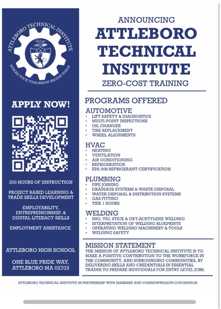 If you are looking for a new career in Automotive, Plumbing, or Welding contact us today! We have openings for the spring semester!!  Apply today! 
Ati@attleboroschools.com