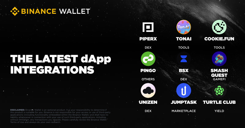 BinanceWallet's tweet photo. New integrations are now available on #Binance Wallet for cutting-edge tools and seamless trading.

Explore 9 newly integrated dApps: PiperX, TonAI, https://t.co/4CWmosVBpK, PinGo, BSX, Smash Quest, Unizen, Jumptask and Turtle Club.

Discover them now! ⤵️
