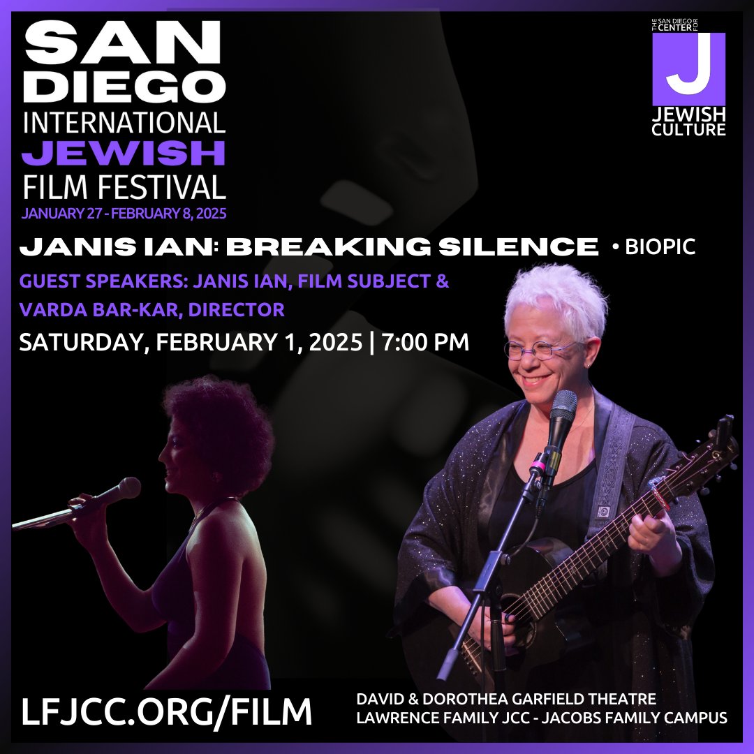 FilmOut San Diego (@filmoutsd) on Twitter photo **SATURDAY NIGHT at 7:00pm- Janis Ian**
The San Diego International Jewish Film Festival continues Saturday with a screening of "JANIS IAN: BREAKING SILENCE"
Tickets: 2025sdijff.eventive.org/.../672aa34beb…
<a href="/lfjcc/">Lawrence Family JCC</a> **SATURDAY NIGHT at 7:00pm- Janis Ian**
The San Diego International Jewish Film Festival continues Saturday with a screening of "JANIS IAN: BREAKING SILENCE"
Tickets: 2025sdijff.eventive.org/.../672aa34beb…
<a href="/lfjcc/">Lawrence Family JCC</a>