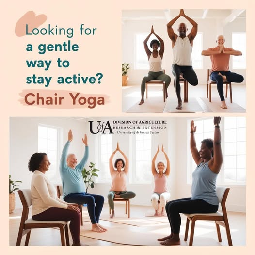 Looking for a gentle way to stay active? Chair #yoga is perfect for all fitness levels &amp; can be done from your seat!  Improve flexibility, reduce stress, &amp; enhance well-being with simple stretches &amp; mindful breathing. Ready to start? Try these resources: uaex.uada.edu/chair-yoga