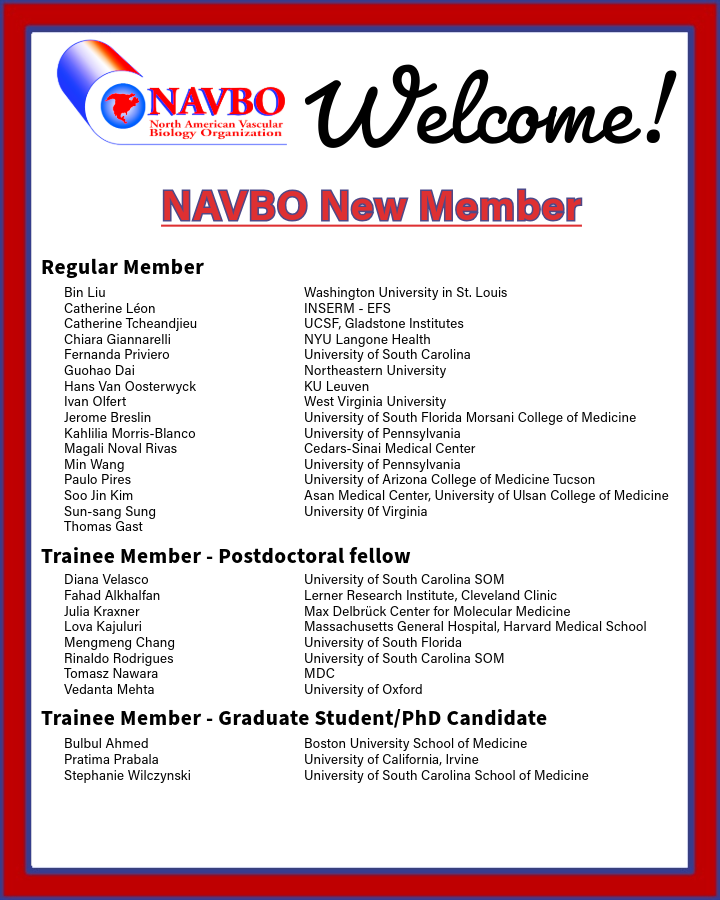 🎉 Welcome, New NAVBO Members! 🎉
We’re excited to introduce our newest members to the #NAVBO community! A warm welcome to all of you—we’re thrilled to have you on board!
Explore the benefits of NAVBO membership here: 
navbo.org/membership-ben…

#VascularBiology