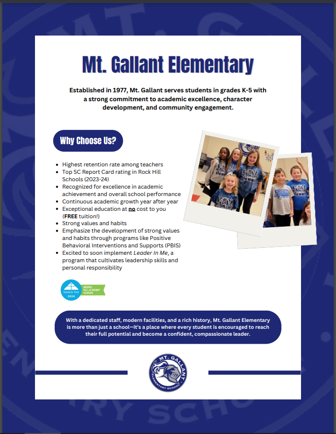 Learn why Mt. Gallant Elementary should be your CHOICE for K-5 education!  Let's get all the zoned Knights back to the Castle!  We are also a National Beta Club School of Distinction!