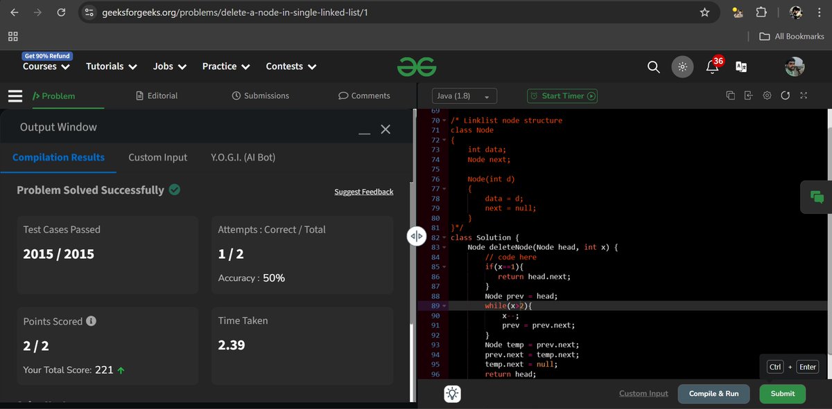 surajgupta85252's tweet photo. #day87 
Problem name - Delete in a singly LinkedList #java #dsa #100daysofcoding #leetcode #gfg160 #CodingChallenge https://t.co/fZUTaBuDGL
