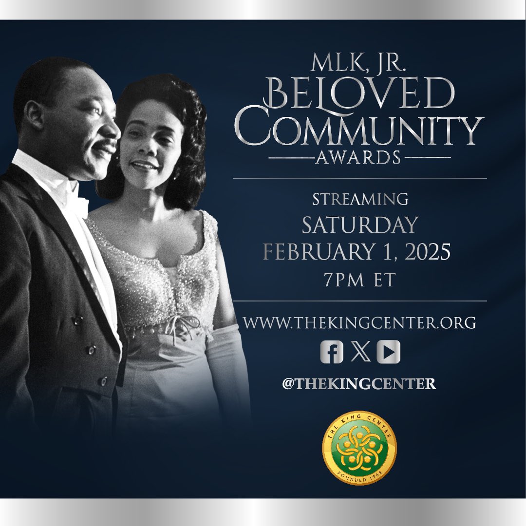 BerniceKing's tweet photo. We need some good stuff to celebrate. 

Help me share these graphics and get us all tuned in tomorrow, 7pm ET, to @TheKingCenter’s 2025 MLK, Jr. Beloved Community Awards. 

Streaming at https://t.co/4IKCjOIc8I and via the Center’s #YouTube channel (https://t.co/xxZyOXwuZn). 

#CorettaScottKing #MLK #BelovedCommunity #MissionPossibleMLK #TheKingCenter
