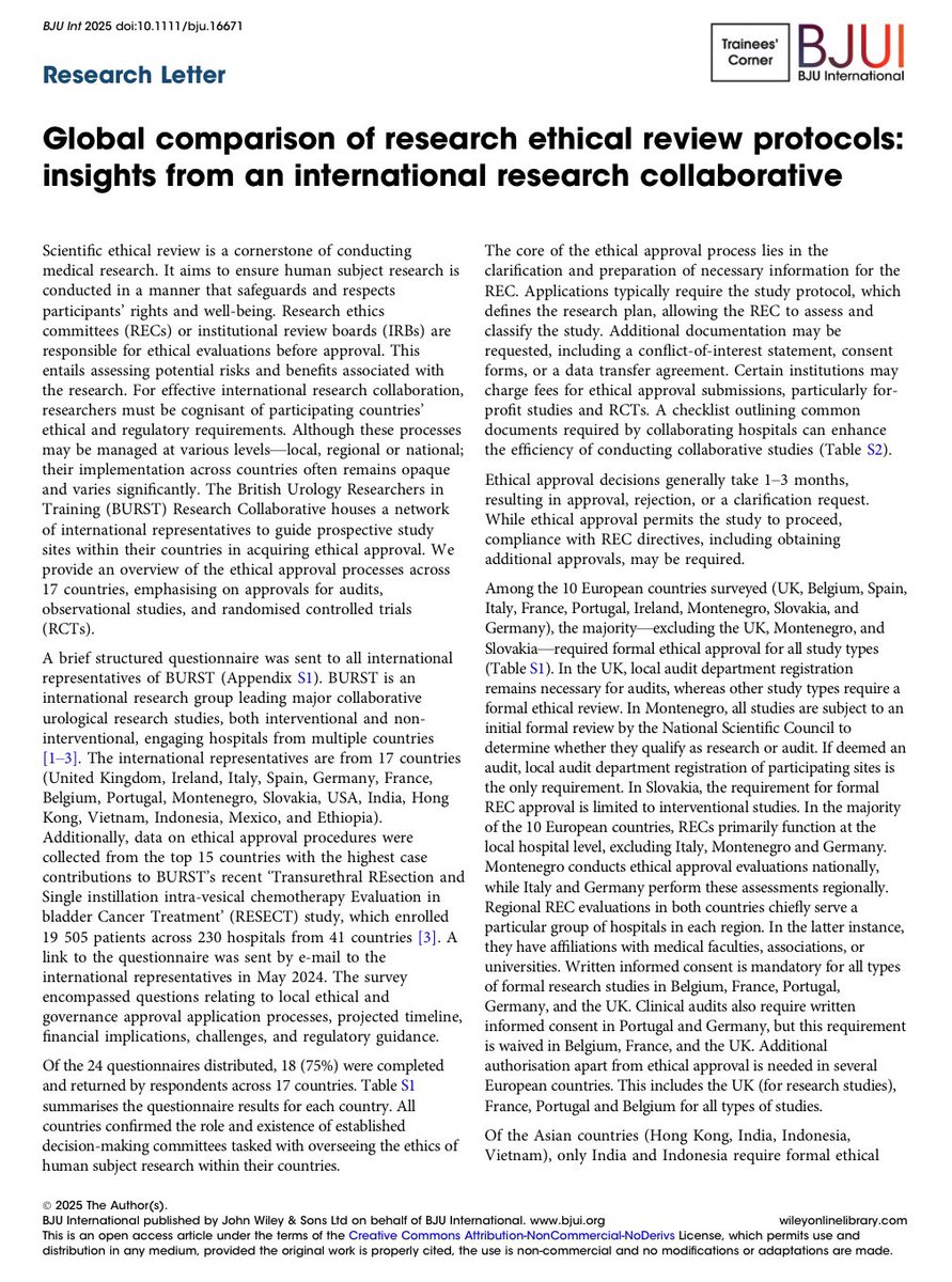 Juan Gómez Rivas (@jgomezrivas) on Twitter photo 🌎🌏🌍Ethical approval processes for medical research vary significantly worldwide, impacting global collaboration. The <a href="/BURSTurology/">BURST Urology</a> surveyed 17 countries to map these differences. Key findings:
✅ All nations have RECs/IRBs, but requirements differ.
⏳ Ethical approval 🌎🌏🌍Ethical approval processes for medical research vary significantly worldwide, impacting global collaboration. The <a href="/BURSTurology/">BURST Urology</a> surveyed 17 countries to map these differences. Key findings:
✅ All nations have RECs/IRBs, but requirements differ.
⏳ Ethical approval