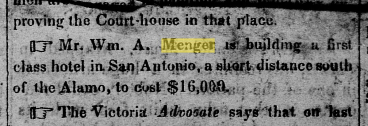 TracesofTexas's tweet photo. The Arcane Texas Fact of the Day: 

The Menger Hotel in San Antonio is 165 years old today, having opened on Jan. 31, 1859. It is still going, making it one of the oldest surviving businesses in Texas. When William Menger announced that he was going to build a hotel he said that he wanted to build a first-class hotel. I'd say he succeeded beyond his wildest dreams.

Shown here: an announcement that appeared in the July. 3, 1858 Columbus Gazette newspaper and a photo of the Menger as it appeared in 1865, when it was about six years old.