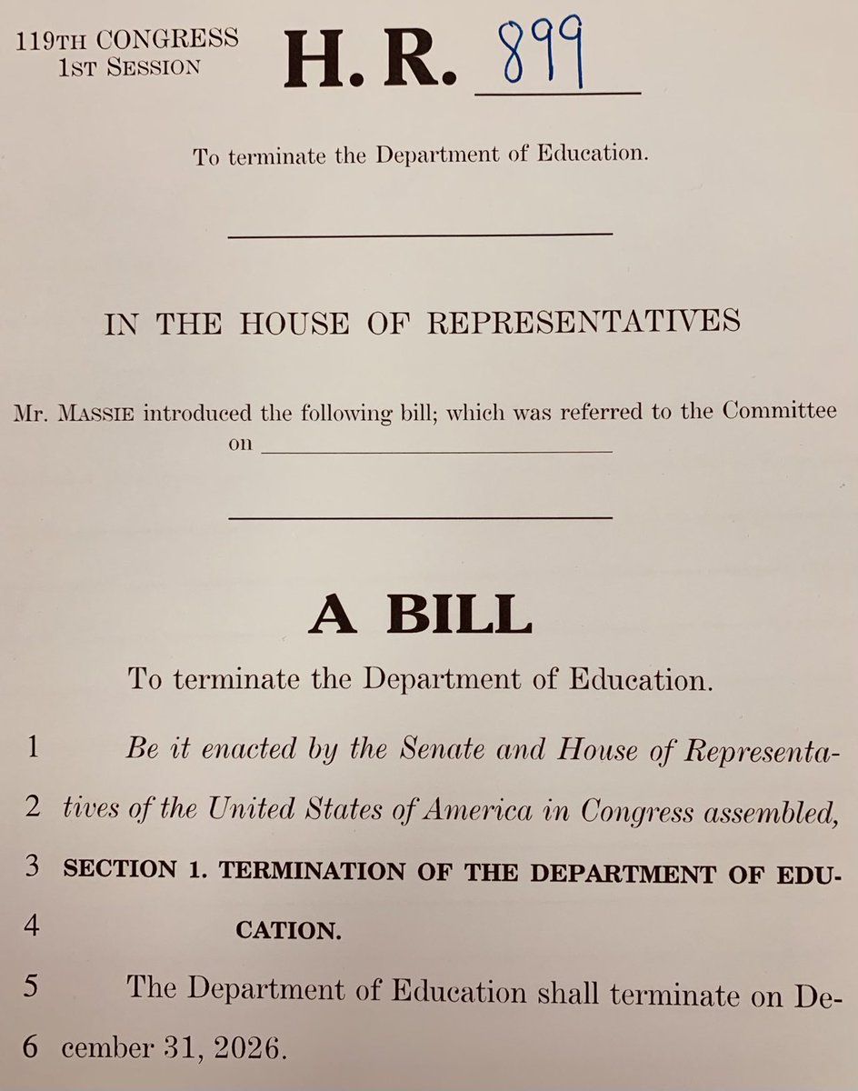 AlexDuncanTX's tweet image. Rep. Massie just reintroduced H.R. 899, which is a one sentence bill to terminate the Department of Education and return power back to teachers and parents. Let’s get this done! #DuncanForSenate2026