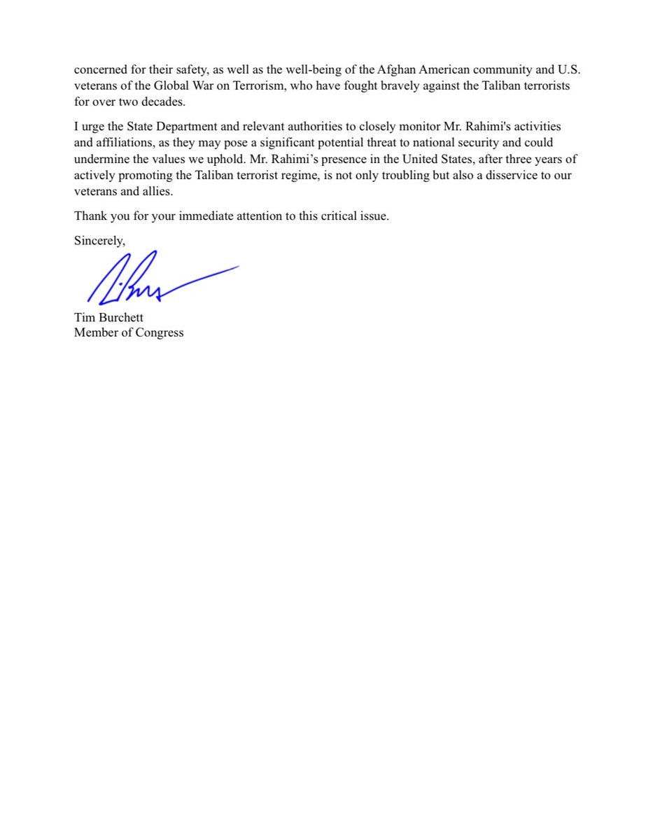 RepTimBurchett's tweet photo. The Biden administration willingly handed a visa to a man who enjoyed unrestricted access to top Taliban commanders. This access could only be given by the Taliban’s General Directorate of Intelligence. He’s still in the interior of the US. 

Find him, deport him. @Sec_Noem @ICEgov @realLegendAfg