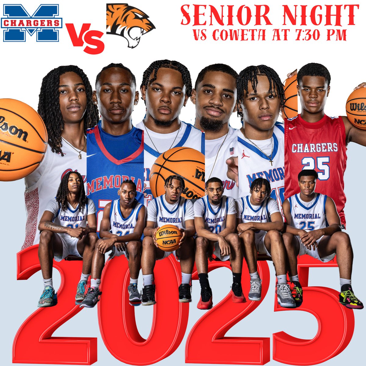 TMCBasketball's tweet photo. SPECIAL NIGHT for @TMCBasketball as we Celebrate the Class 2025 Girls and Boys SENIORS BASKETBALL players and play the COWETA TIGERS at VETERANS ARENA! Girls tip-off at 6pm and boys at 7:30pm The Senior Night Ceremony is after the Girls Game! CHARGER NATION come out and support this Great TULSA MEMORIAL BASKETBALL CLASS!