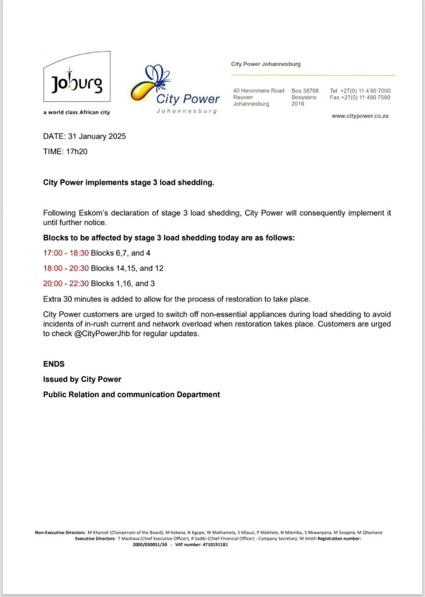 #CityPowerUpdates
#LoadsheddingUpdate

City Power implements stage 3 loadshedding.

Following Eskom's declaration of Stage 3 loadshedding, City Power will consequently implement the same.  
^ZD