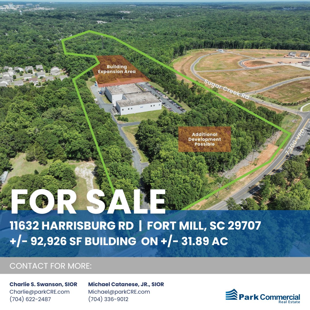 11632 Harrisburg Rd offers an office/flex/warehouse property for sale, featuring +/- 92,926 SF on +/- 31.89 acres in Fort Mill, SC. Ideally situated just 2 miles from I-485 and I-77, this property is in a prime location within a strong industrial market.