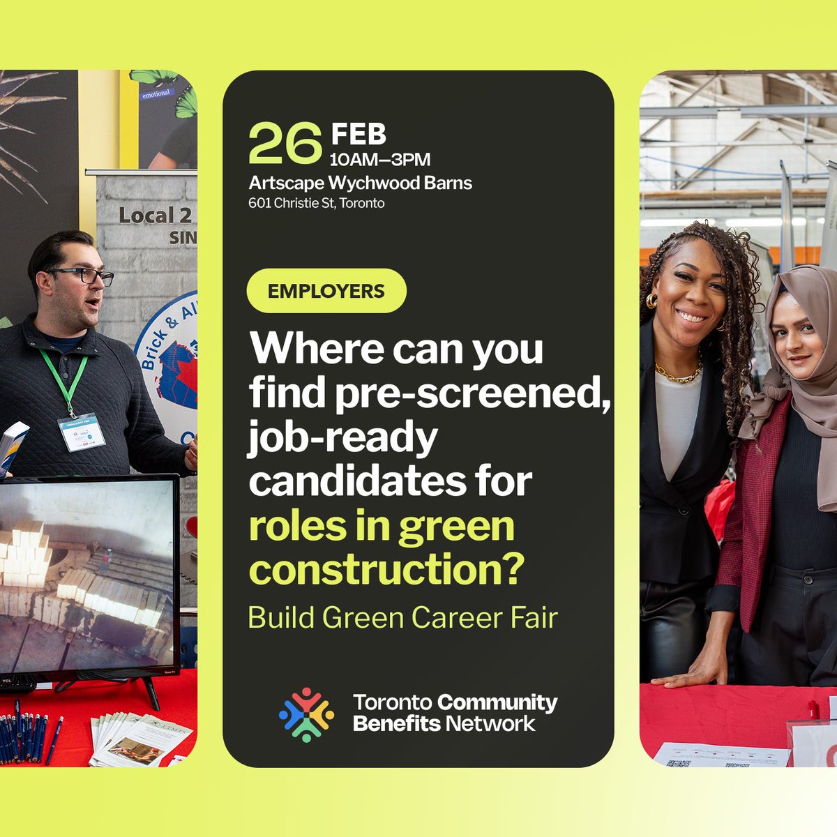 Employers - Where can you find pre-screened job-ready candidates for roles in #greenconstruction?

Join us Feb 26 &amp; make an impact

RSVP: buildgreen.employerportal.ca/employers

In partnership with <a href="/ACCESEmployment/">ACCES Employment</a> , <a href="/AtmosphericFund/">The Atmospheric Fund</a> , <a href="/LabourEduCentre/">Labour Education Centre</a> and <a href="/LEF_TO/">The Learning Enrichment Foundation</a> 

#communitybenefits