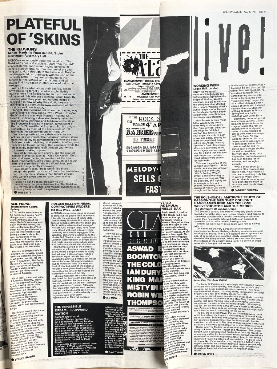 The Redskins, Neil Young, Working Week, James King &amp; Lone Wolves, The Men They Couldn’t Hang, Del Amitri, The Bolshoi, Fruits Of Passion, Holger Hiller, Wim Wenders, more.
Live reviews, Melody Maker, 6 April 1985.
[some parts missing 🤷‍♂️🙄]