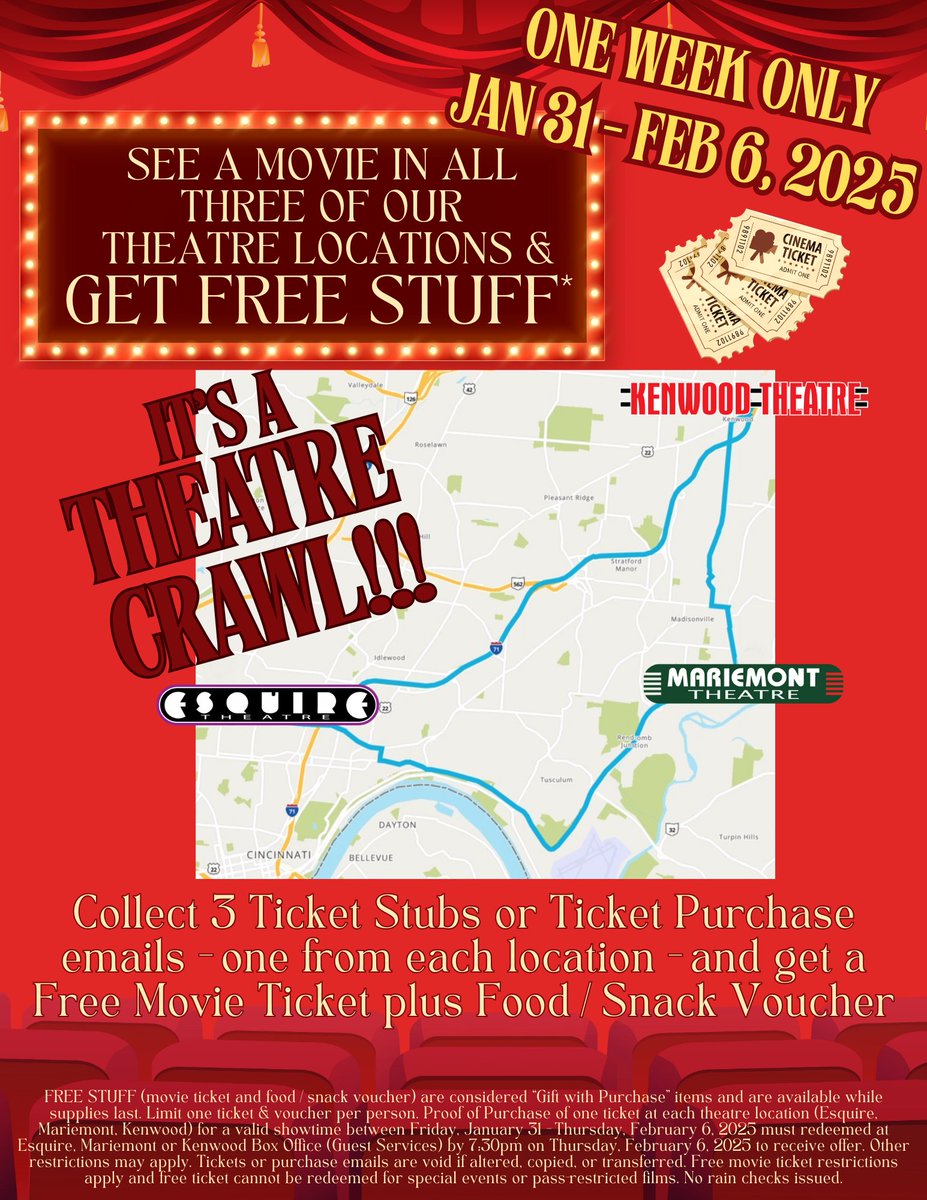 Our Theatre Crawl challenge starts today and runs through next Thursday. Watch any movie at each of our theaters, save your ticket stub/proof of purchase from each location, and then redeem at the final theater for a free movie ticket &amp; food/drink voucher! #Cincinnati