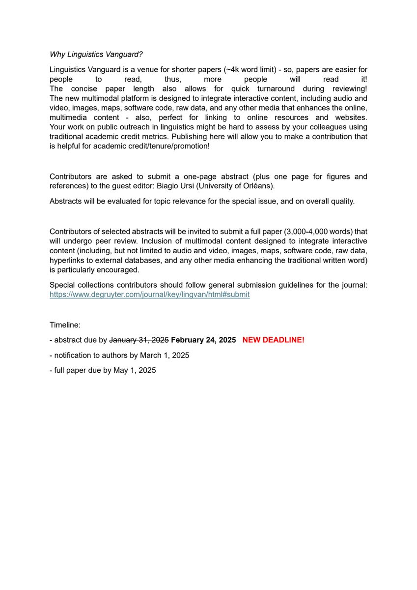 Biagio Ursi (@biagio_ursi) on Twitter photo 🚨#CallForPapers Special Issue on Recycling and Reshaping Previous Turns in Multimodal #Interactions 🚨
⌛️One-page abstract due by February 24, 2025
emailed to <a href="/Biagio_Ursi/">Biagio Ursi</a>
🔍Keywords: #EMCA, #Pragmatics, #Multimodality, #Gesture, #Repetition
<a href="/EMCA_News/">Ethno/CA News</a> #LLL <a href="/IcarLaboratoire/">Laboratoire ICAR</a> 🚨#CallForPapers Special Issue on Recycling and Reshaping Previous Turns in Multimodal #Interactions 🚨
⌛️One-page abstract due by February 24, 2025
emailed to <a href="/Biagio_Ursi/">Biagio Ursi</a>
🔍Keywords: #EMCA, #Pragmatics, #Multimodality, #Gesture, #Repetition
<a href="/EMCA_News/">Ethno/CA News</a> #LLL <a href="/IcarLaboratoire/">Laboratoire ICAR</a>