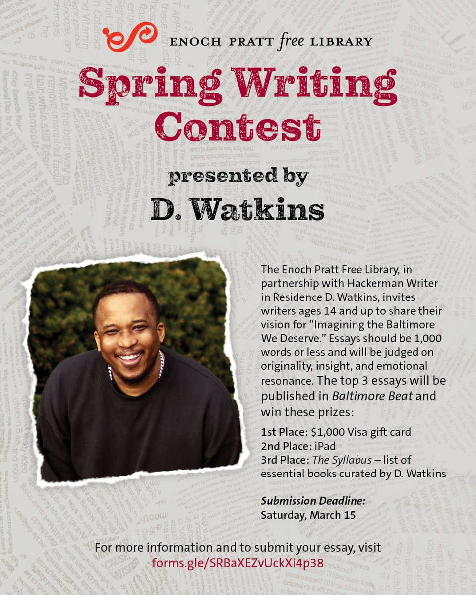 📢We're calling you to share your vision of the "Baltimore We Deserve." Hackerman Writer in Residence <a href="/dwatkinsworld/">D. W A T K I N S</a> invites writers 14 and up to write their reflections about Baltimore in a Spring Writing Contest. Winning prizes include a chance to be published in <a href="/baltbeat/">Baltimore Beat</a>!