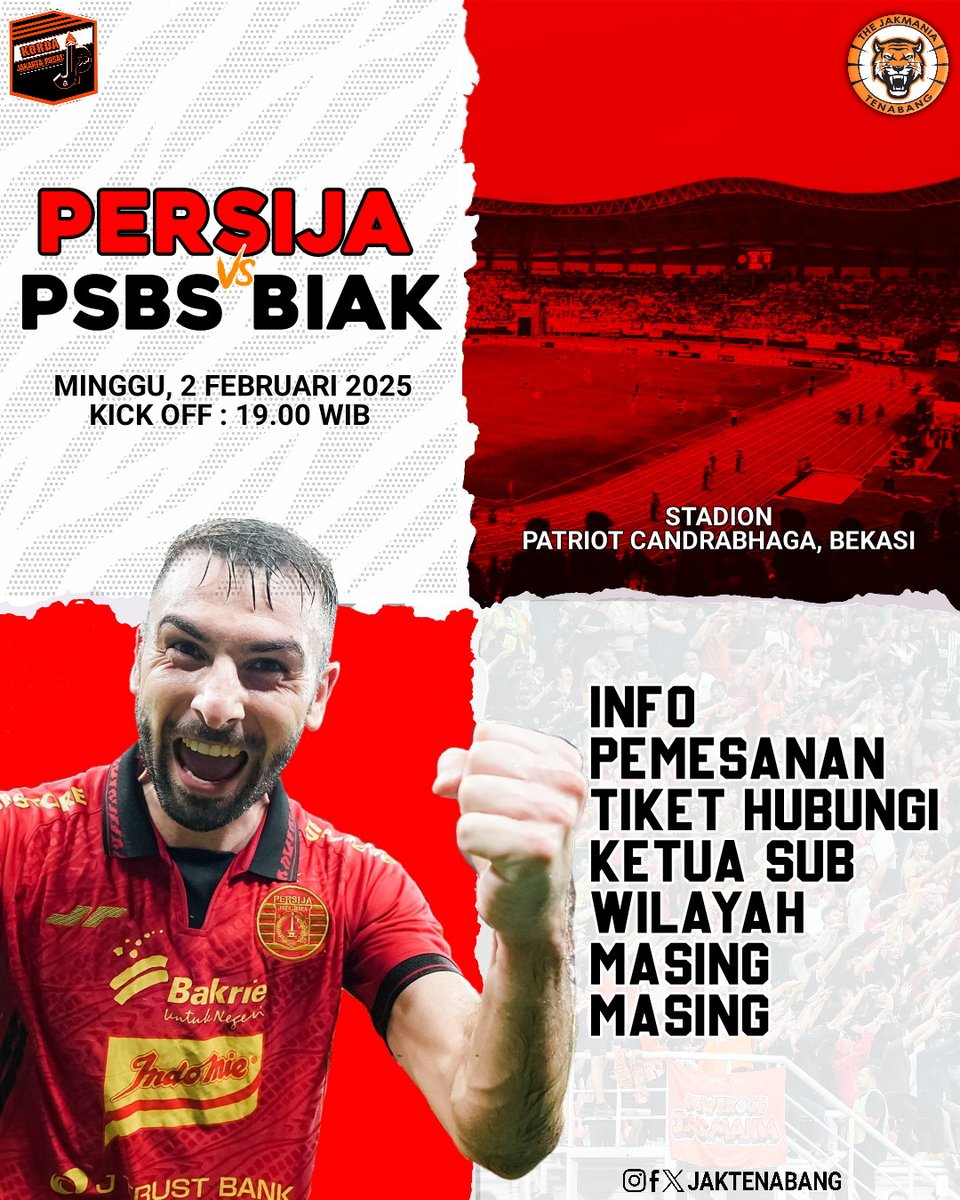Kembali ke Bekasi !!

⚽ : Persija Jakarta VS Psbs Biak
🗓️ : Minggu, 2 Februari 2025
⏰ : Kick Off 19.00 WIB
🏟️ : Patriot Candrabhaga, Bekasi

Info Pemesanan Tiket, Hubungi 
Ketua Sub Wilayah Masing-masing

#Jakmaniatenabang
#Persijaselamanya