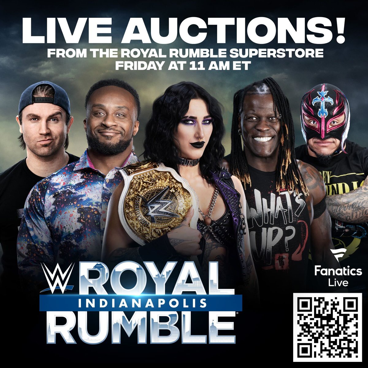 WWE's tweet photo. 🚨 TODAY at 11AM ET! 

Join @RheaRipley_WWE, @RonKillings, @reymysterio, @WWEBigE and @MmmGorgeous for LIVE AUCTIONS from the #RoyalRumble Superstore, streaming on @fanaticslive! 👉 https://t.co/HefvE6yQF5 https://t.co/jWEoZXnk3d