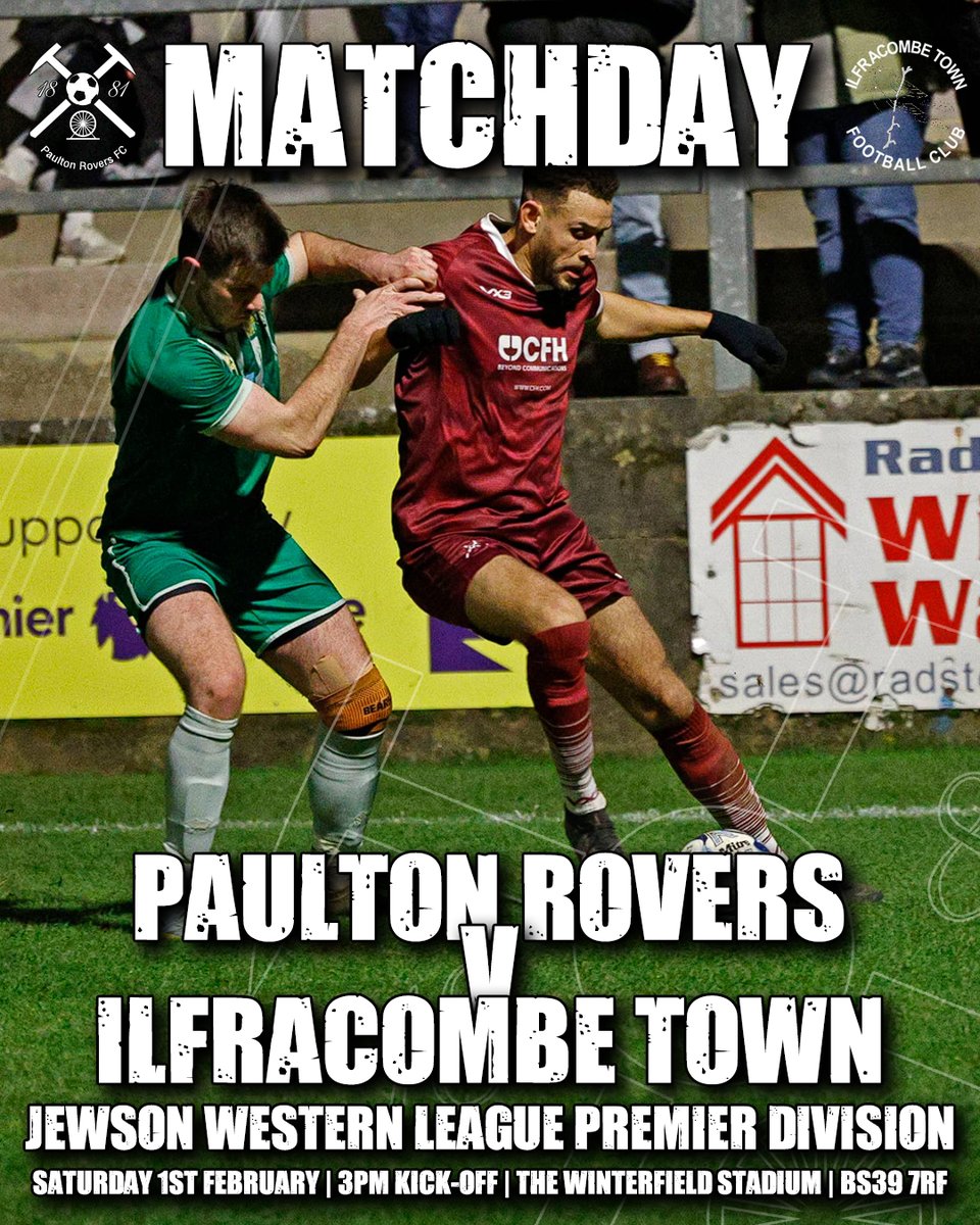 PaultonRoversFC's tweet photo. ⚽ MATCHDAY!

Let's fill The Winterfield Stadium as Ilfracombe Town visit Paulton for this important fixture!

⌚ 3PM KICK-OFF
🎟️ £8 adults, £6 concessions, £3 U18, U12 free with paying adult
🏟️ The Winterfield Stadium, BS39 7RF https://t.co/JKXzvZSwb3