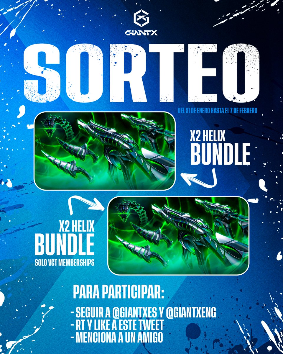 🚨 SORTEO BUNDLE HELIX 🚨

Para participar:
👤 Sigue a <a href="/GIANTXES/">GIANTX</a> y <a href="/GIANTXENG/">GIANTX</a> 
🔁 RT y like a este tweet
💬 Menciona a un amigo

¡Si compras nuestro GX VCT Bundle y te unes a nuestro VCT Membership entrarás en un sorteo EXCLUSIVO de otros dos Bundles Helix!