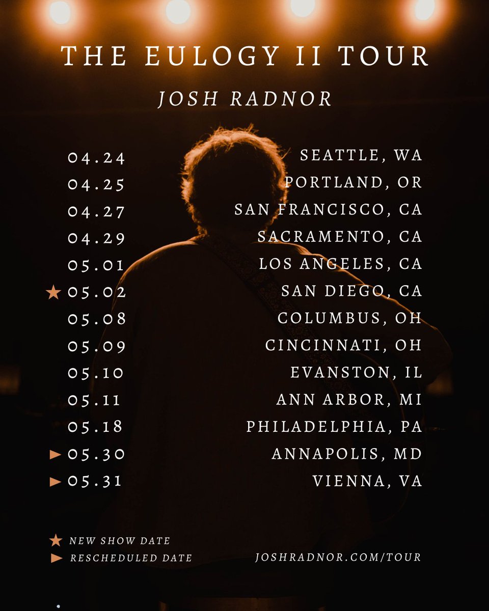 SOME TOUR CHANGES!! Adding a show in San Diego on May 2 at @hobsandiego. And my shows in Maryland and Virginia are being pushed back. (Maryland is now 5/30 and Virginia is 5/31) All other shows are full steam ahead as announced. Tix at joshradnor.com/tour. See ya out there!