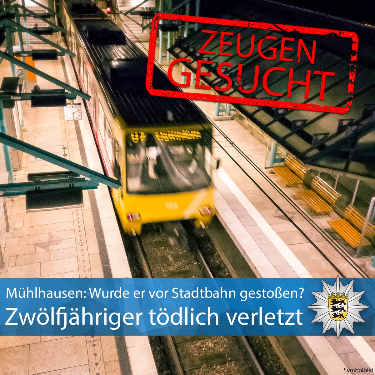 #Mühlhausen Ein Zwölfjähriger ist am Freitagmittag an der Stadtbahnhaltestelle Max-Eyth-See von einer Bahn der Linie U12 erfasst und tödlich verletzt worden. Offenbar hatte ihn ein 13-Jähriger nach einem Streit gestoßen. Zur PM ▶️ sohub.io/x8ul Eure #Polizei #Stuttgart