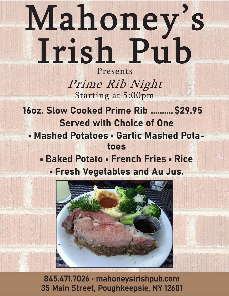 MahoneysPub04's tweet photo. 🥩 Prime Rib Fridays at Mahoney’s are a feast you’ll want to tell your friends about. Bring your appetite for our 16oz. Slow-Cooked Prime Rib and enjoy a cozy, Irish Pub vibe. 🍀 #MahoneysIrishPub #PrimeRibNight https://t.co/nGsGE68VDk