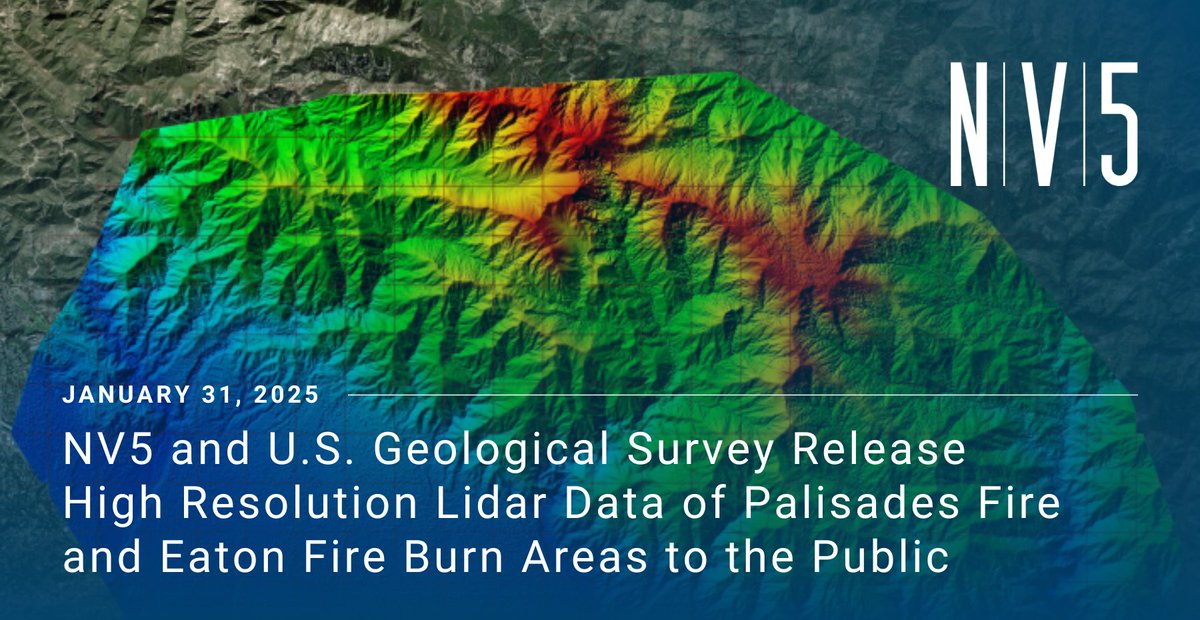 NV5 announced today that lidar-derived data of the Palisades Fire and the Eaton Fire burn areas are now freely available to the public courtesy of the U.S. Geological Survey (USGS) at 2025 Post-Wildfire Lidar Data for Los Angeles, CA. ir.nv5.com/news-events/ne…