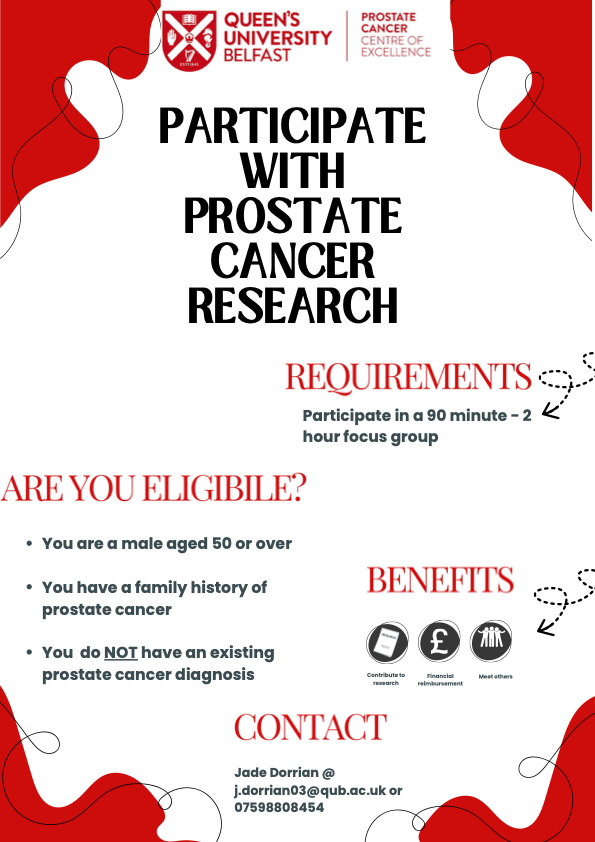 The Patrick G Johnston Centre for Cancer Research (@qubpgjccr) on Twitter photo Can you help our research? One of our PhD Researchers <a href="/dorria56790/">Jade Dorrian</a> is conducting a project ‘Perceptions of Prostate Cancer Risk: Insights from Prostate Cancer free men in Northern Ireland’. If you fall into any of the below categories and would like to be involved get in touch! Can you help our research? One of our PhD Researchers <a href="/dorria56790/">Jade Dorrian</a> is conducting a project ‘Perceptions of Prostate Cancer Risk: Insights from Prostate Cancer free men in Northern Ireland’. If you fall into any of the below categories and would like to be involved get in touch!