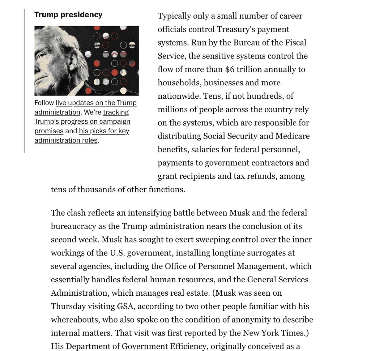 This is alarming: The highest-ranking career official at the Treasury Department is leaving after a clash with allies of billionaire Elon Musk over access to sensitive payment systems.

Those payment systems distribute ~$6 trillion in US gov't payments.

Only a few people are
