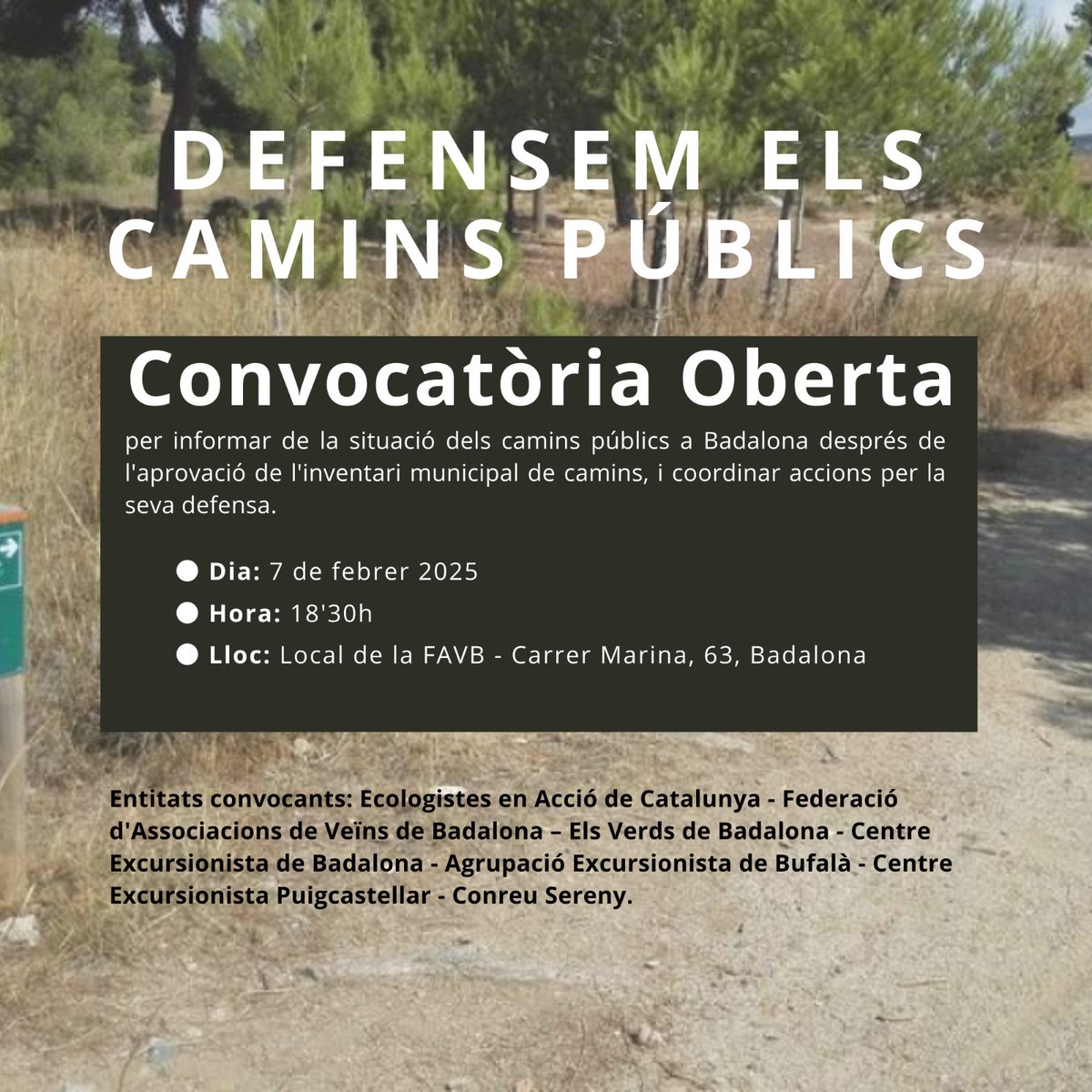 Per informar de la situació dels camins públics a Badalona després de l'aprovació de l'inventari municipal de camins, i coordinar accions per la seva defensa.
Us convidem a assistir-hi.
<a href="/bdncom/">Badalona Comunicació</a>
<a href="/Totbadalona/">TOT Badalona</a>