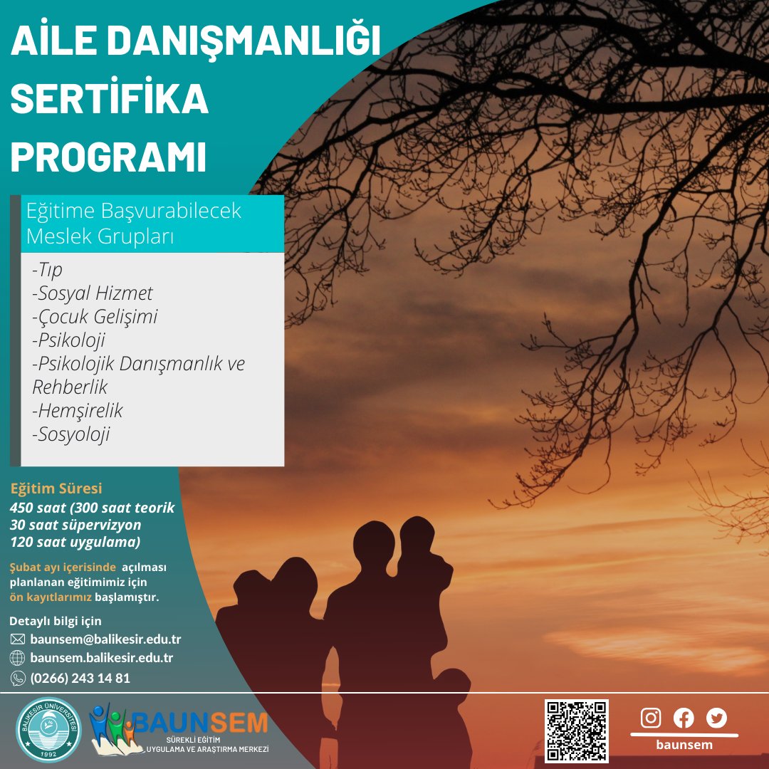 BAUNSEM's tweet photo. Aile Danışmanlığı Sertifika Programı ön kayıtlarımız başlamıştır.
Detaylı bilgi ve ön kayıt için
👉https://t.co/TydReBrF7c ziyaret edebilir,
📧baunsem@balikesir.edu.tr
mail atabilir ya da
⌨️whatsapp üzerinden 0266 243 14 81’den bize yazabilirsiniz.
@balikesiruni https://t.co/oBA8qgHitd