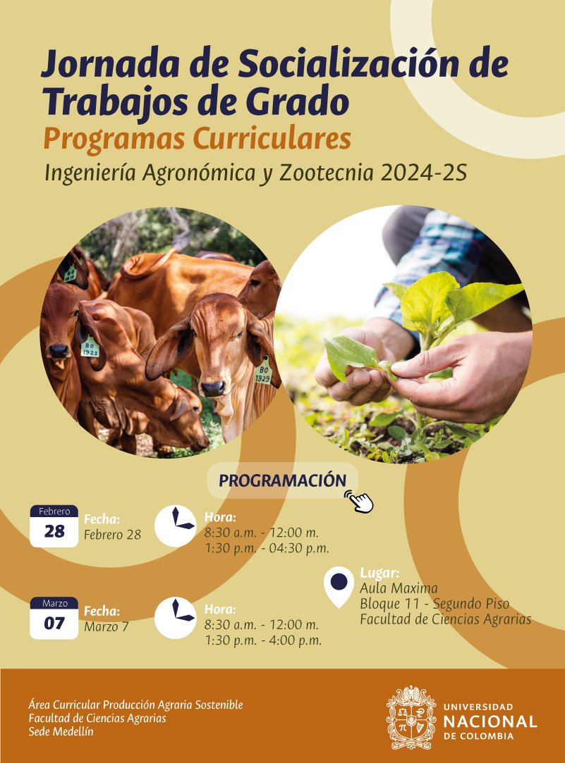 📢 ¡Atención, comunidad académica! 🌱🐄
Te invitamos a la Jornada de Socialización de Trabajos de Grado de los programas de Ingeniería Agronómica y Zootecnia 📖🎓.
#FCA