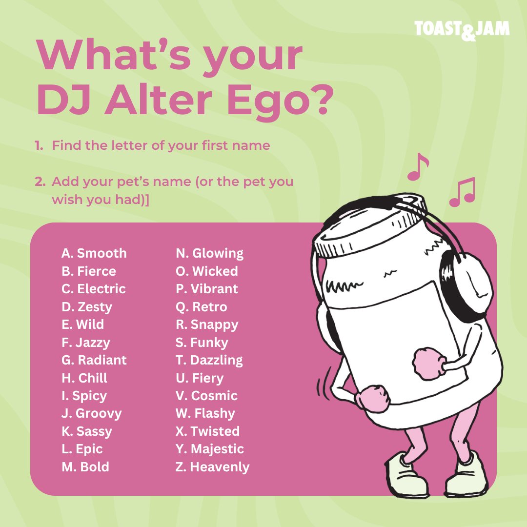 What's your DJ alter ego?
 
1️⃣ Find the letter of your first name + 2️⃣ Add your pet’s name (or the pet you wish you had) and voilà, you’re ready to hit the stage.

Ex: If you’re Charlie and your hamster is Pudding, you're DJ Electric Pudding. Drop your DJ name in the comments!